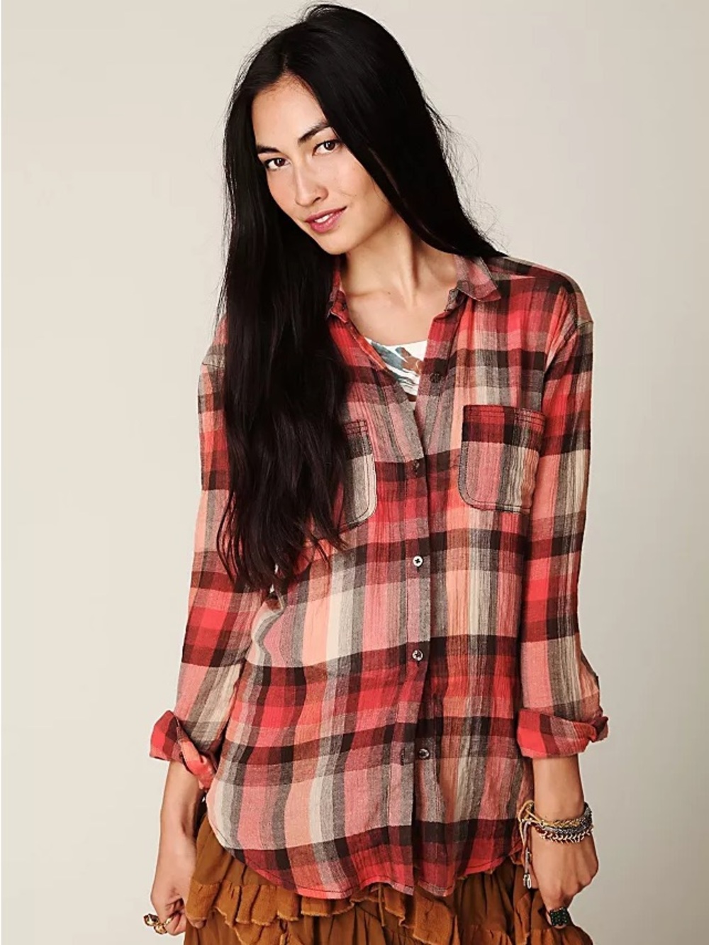 Free People Plaid Crochet Back Button Down Shirt Size Large
